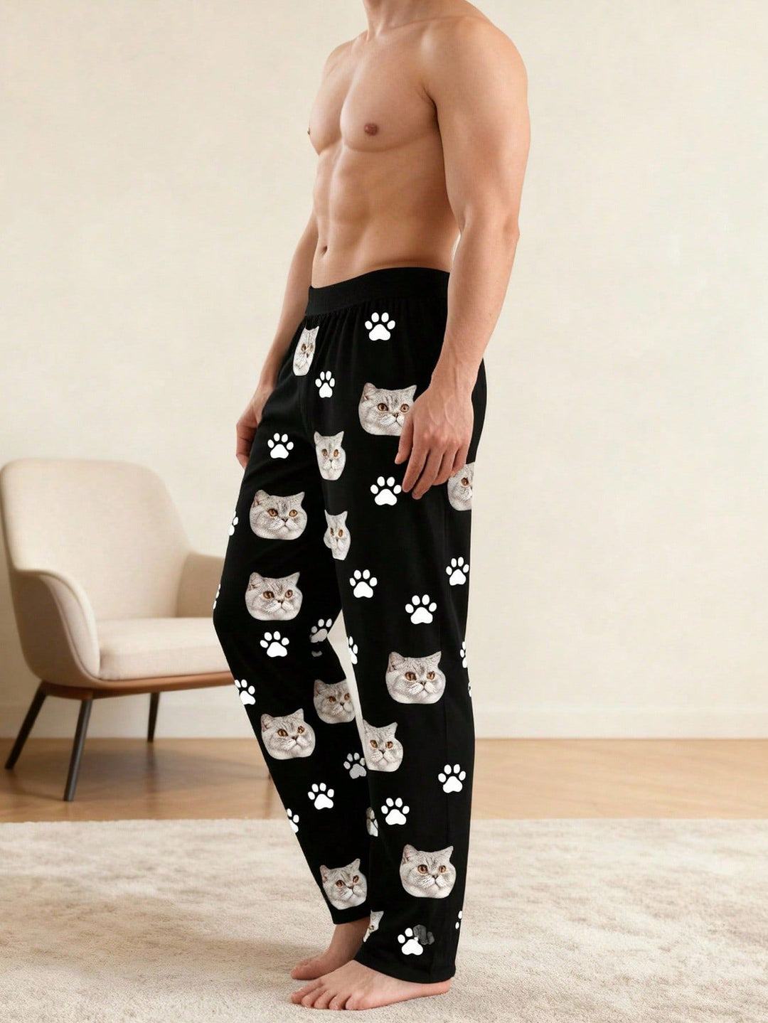 Funny custom cat‑face printed men sleep pants loungewear side view novelty gift