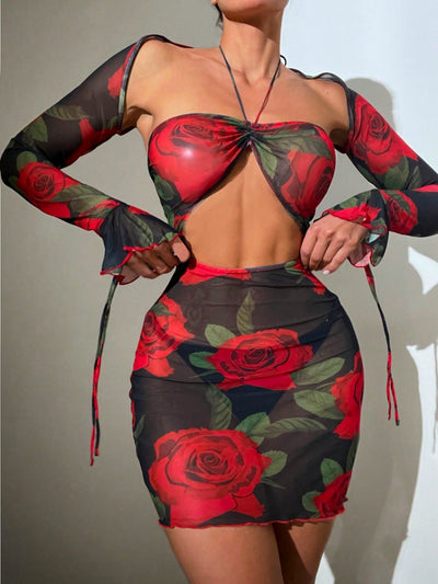Sexy two-piece rose print beachwear