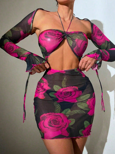 Sexy two-piece rose print beachwear