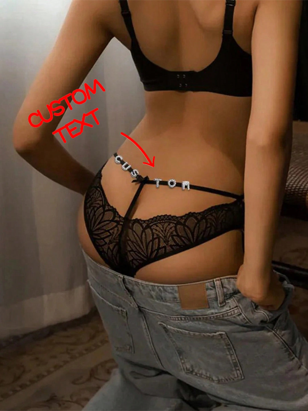 Personalized Letter Lace Funny Panties For Women, Diy Rhinestone Shiny Letters Name,Sexy Lace Thong With Custom Silver Letters, Christmas Presents,Merry Christmas, Customized Christmas Underwear Lingerie