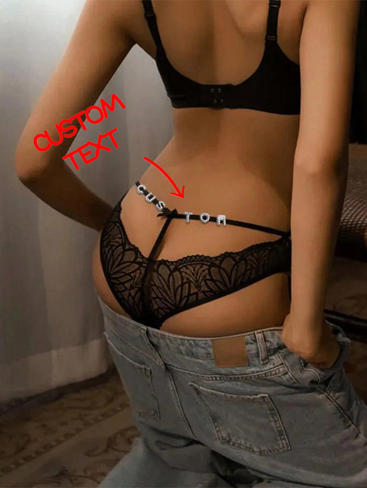 Personalized Letter Lace Funny Panties For Women, Diy Rhinestone Shiny Letters Name,Sexy Lace Thong With Custom Silver Letters, Christmas Presents,Merry Christmas, Customized Christmas Underwear Lingerie