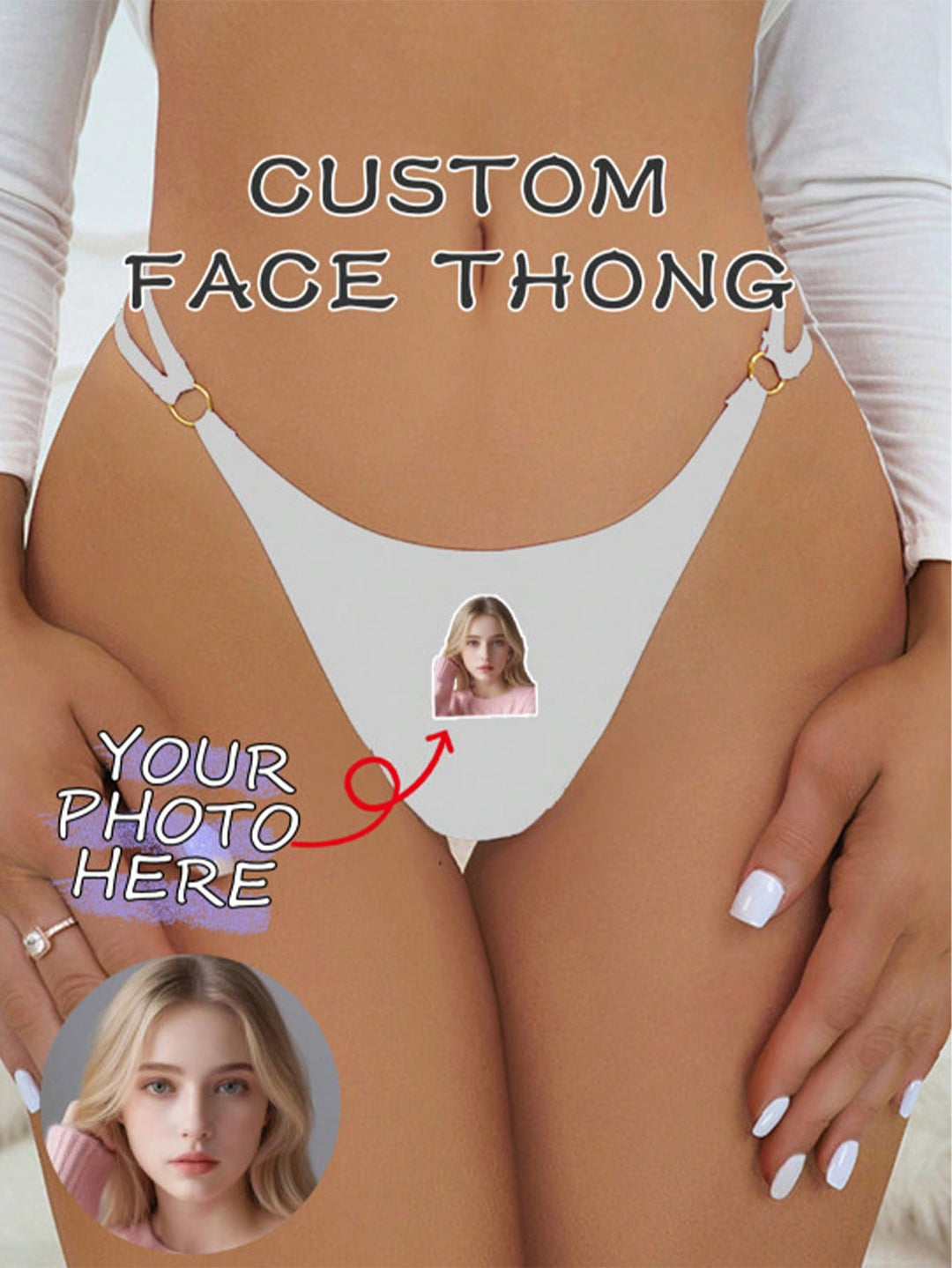 顔写真入りカスタムTバック、写真入りブリーフ、顔写真入りTバック、顔写真入りパーソナライズ下着、顔写真入り下着、写真入りTバック、女性用カスタムTバック、花嫁用カスタムTバック、ウェディングシャワーギフト、花嫁用下着、アニバーサリー