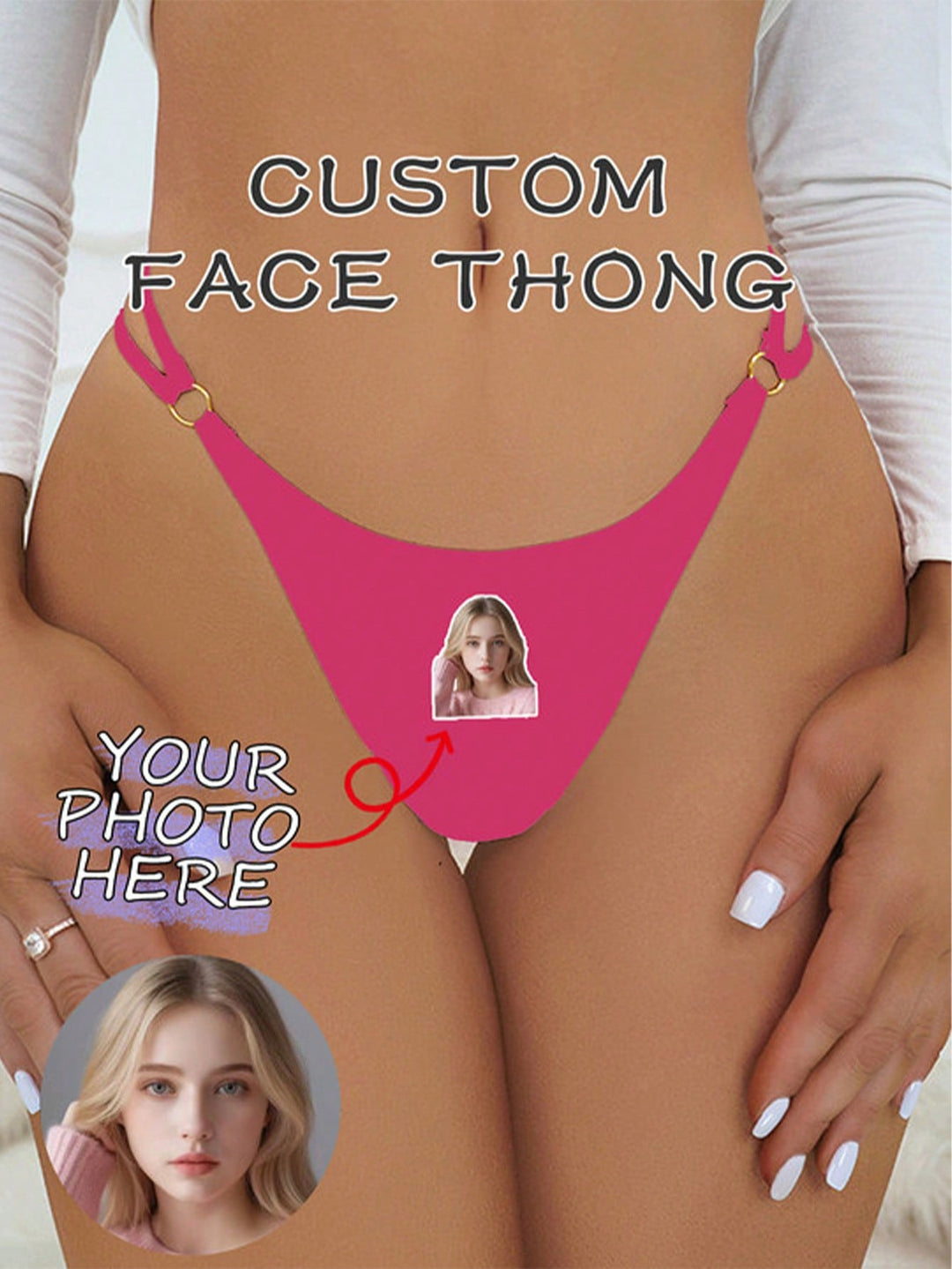 顔写真入りカスタムTバック、写真入りブリーフ、顔写真入りTバック、顔写真入りパーソナライズ下着、顔写真入り下着、写真入りTバック、女性用カスタムTバック、花嫁用カスタムTバック、ウェディングシャワーギフト、花嫁用下着、アニバーサリー