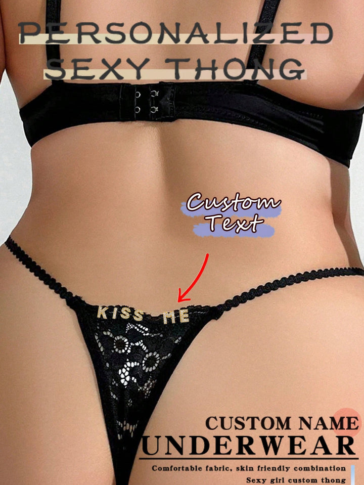 Custom Crystal Letters Ladies Lace Funny Thong Low Waist Thin Belt Solid Color Sexy Underwear, Custom Text, Custom Name, Christmas Custom, Custom Plus Size