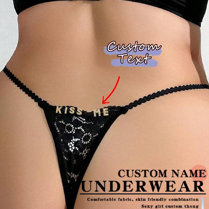 Custom Crystal Letters Ladies Lace Funny Thong Low Waist Thin Belt Solid Color Sexy Underwear, Custom Text, Custom Name, Christmas Custom, Custom Plus Size