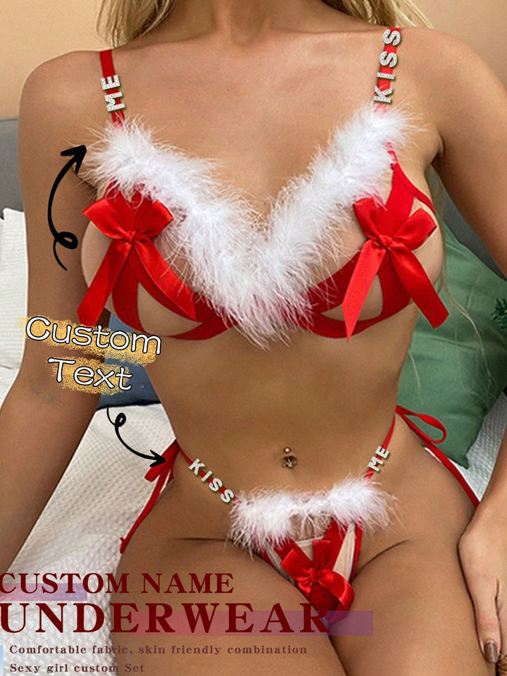 独占カスタム、セクシーなランジェリー、セクシーな女性のホリデー3点クリスマス面白い下着セット、3点リボンセット、クリスマスプレゼント