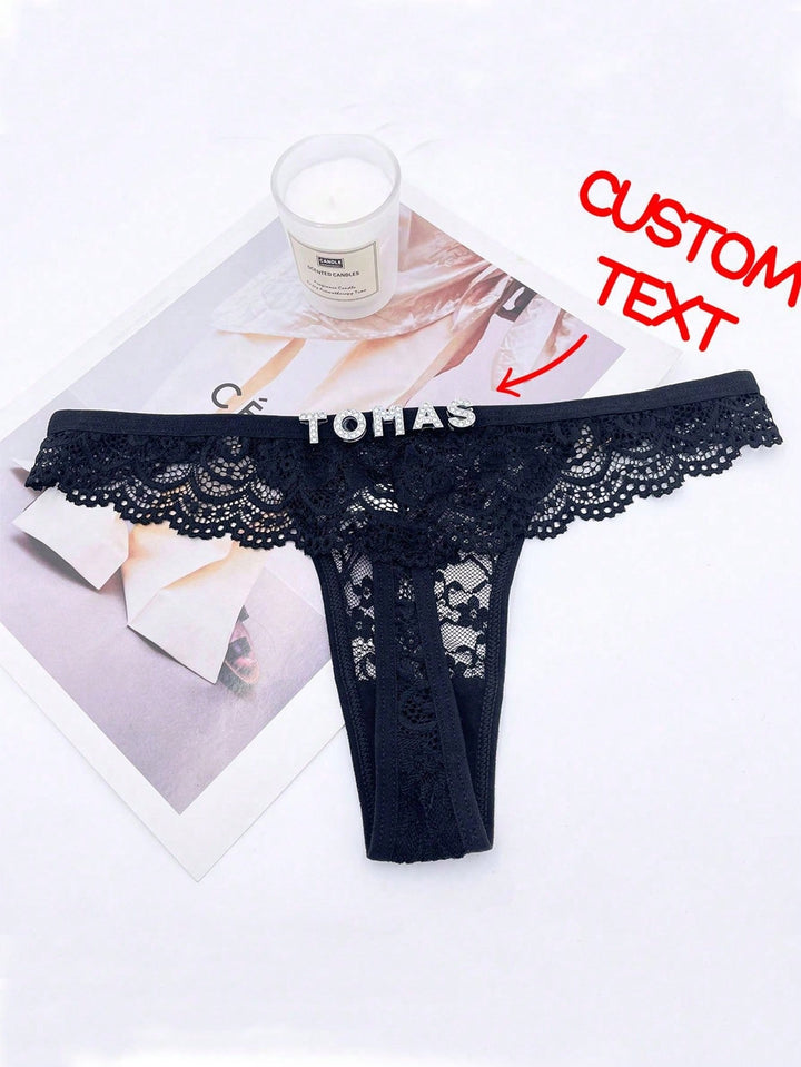 Custom Crystal Letters, Custom Text, Custom Name, Sexy Lace See-Through Low-Rise Funny Thong For Christmas Gift Customization