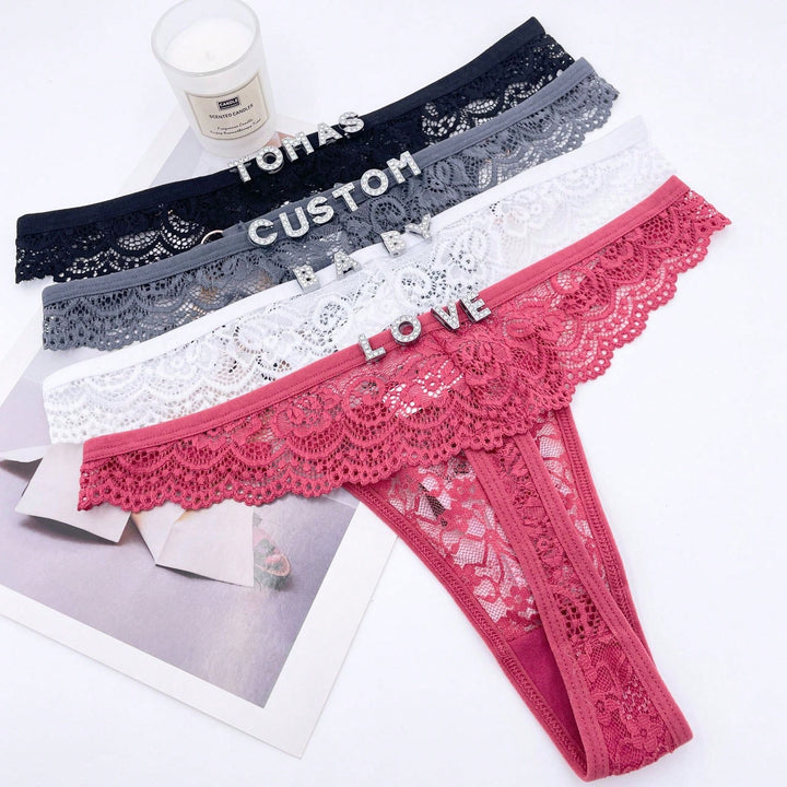 Custom Crystal Letters, Custom Text, Custom Name, Sexy Lace See-Through Low-Rise Funny Thong For Christmas Gift Customization