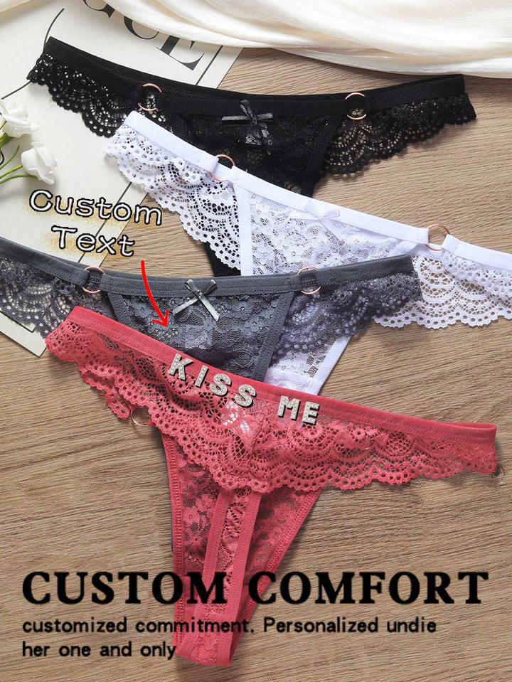 Custom Crystal Letters, Custom Text, Custom Name, Sexy Lace See-Through Low-Rise Funny Thong For Christmas Gift Customization