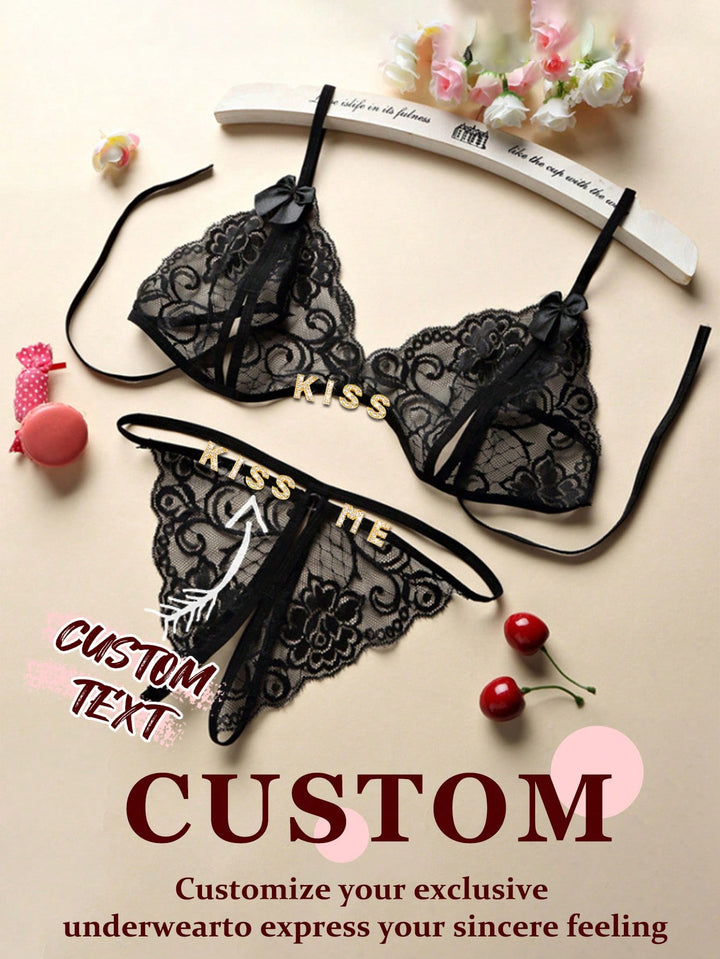 2 Pieces Custom Letter Christmas Lady Open File Free Three-Point Sexy Lace Sexy Passion Set Lingerie Sequine Colorful Custom, Personalized, Unique, Customized Personalized Gifts For Men/Women, Lingerie, Panties, Underwear, Thongs Ideal Gifts For Her Girlf