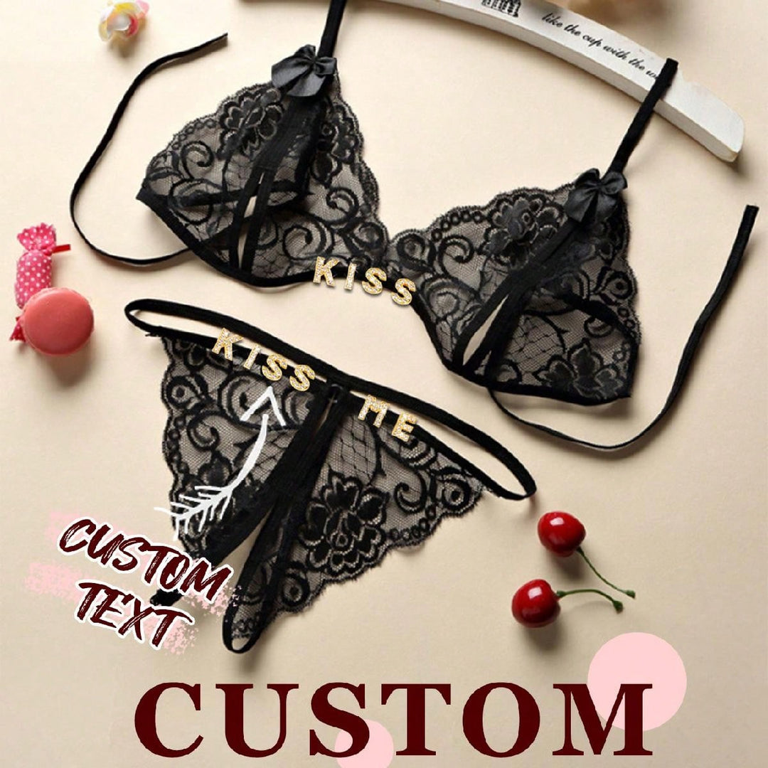 2 Pieces Custom Letter Christmas Lady Open File Free Three-Point Sexy Lace Sexy Passion Set Lingerie Sequine Colorful Custom, Personalized, Unique, Customized Personalized Gifts For Men/Women, Lingerie, Panties, Underwear, Thongs Ideal Gifts For Her Girlf