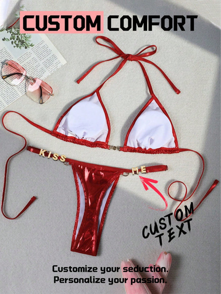 2 Pieces Custom Letter Christmas Ladies Sexy Comfortable Bright Faux Pearl Bikini Women's Swimwear