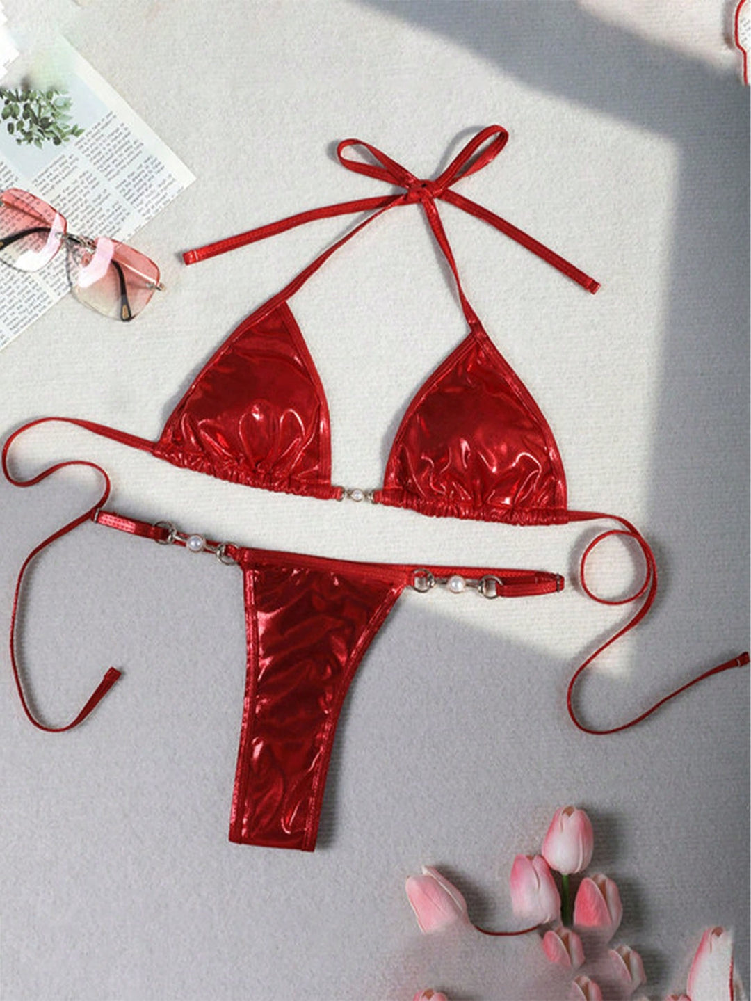 2 Pieces Custom Letter Christmas Ladies Sexy Comfortable Bright Faux Pearl Bikini Women's Swimwear