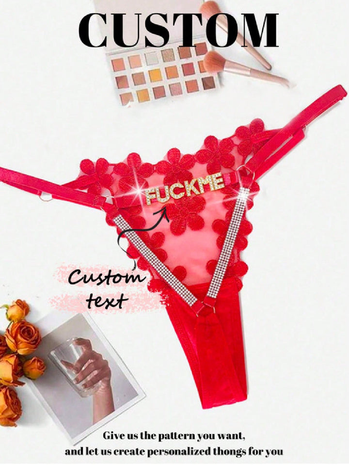 1-Piece Custom Crystal Letter Flower Embroidery See-Through Sexy Thong For Women See-Through Seductive Low-Rise Panties