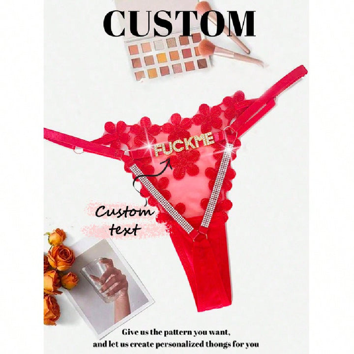 1-Piece Custom Crystal Letter Flower Embroidery See-Through Sexy Thong For Women See-Through Seductive Low-Rise Panties