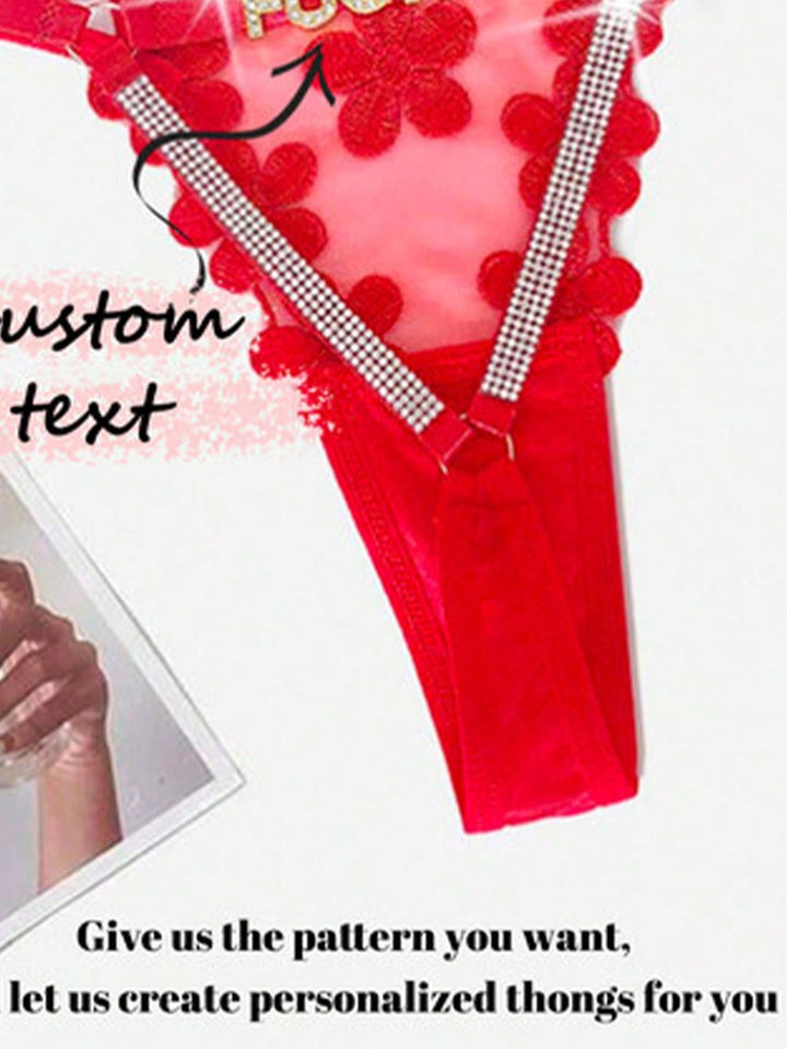 1-Piece Custom Crystal Letter Flower Embroidery See-Through Sexy Thong For Women See-Through Seductive Low-Rise Panties