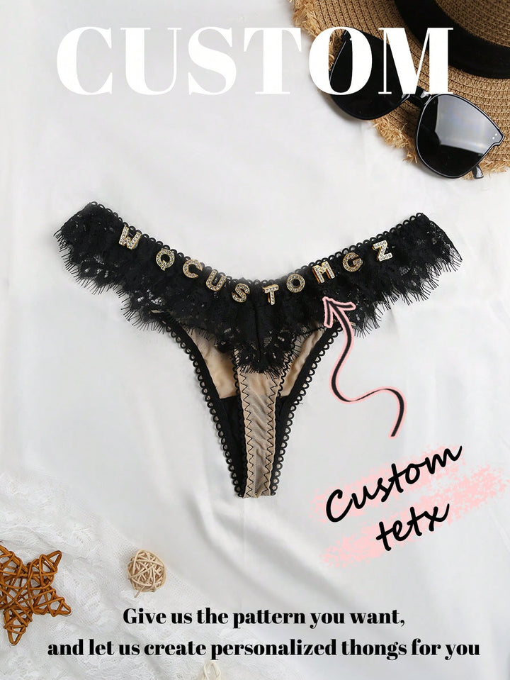 1PC Christmas Custom Lace Transparent Funny T-Pants Letters Women's Low-Waisted Underwear Ladies Thong Tulle Crotch Sexy Women's Underwear Sequine Colorful Custom,Personalized,Unique,Customized Personalized Gifts For Men/Women,Lingerie,Panties,Underwear,T