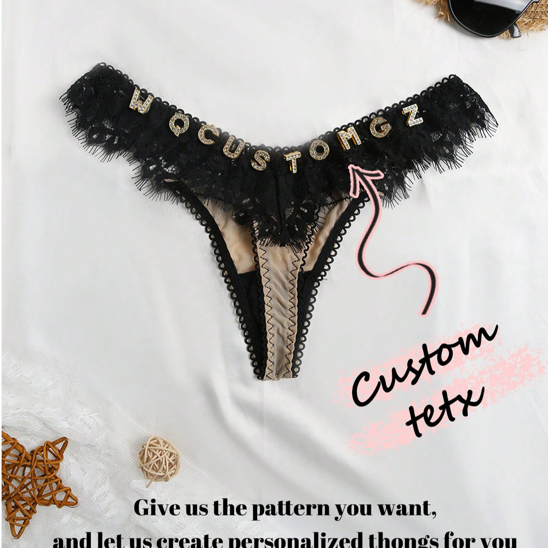 1PC Christmas Custom Lace Transparent Funny T-Pants Letters Women's Low-Waisted Underwear Ladies Thong Tulle Crotch Sexy Women's Underwear Sequine Colorful Custom,Personalized,Unique,Customized Personalized Gifts For Men/Women,Lingerie,Panties,Underwear,T