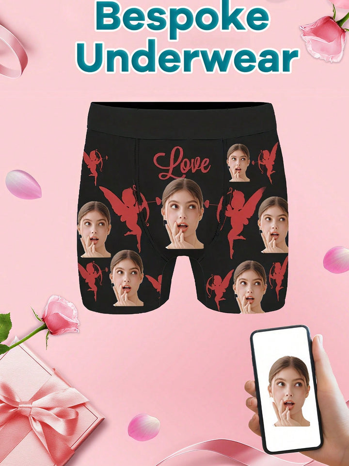 1-Piece Men's Custom Underwear, Printed With Facial Photos, Customized Personalized Men's Boxer Briefs With Face Portraits Personalized Customized For Boyfriend And Husband, Cupid Pattern Love Letter Printed Fashion Boxer Briefs, High Stretch And Comforta