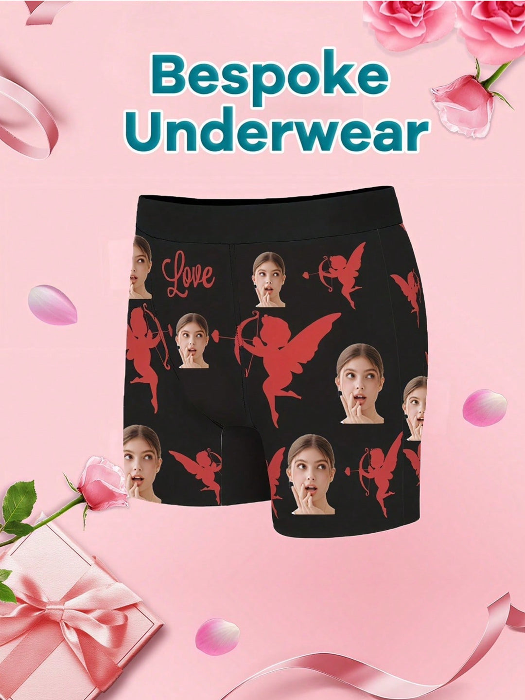 1-Piece Men's Custom Underwear, Printed With Facial Photos, Customized Personalized Men's Boxer Briefs With Face Portraits Personalized Customized For Boyfriend And Husband, Cupid Pattern Love Letter Printed Fashion Boxer Briefs, High Stretch And Comforta