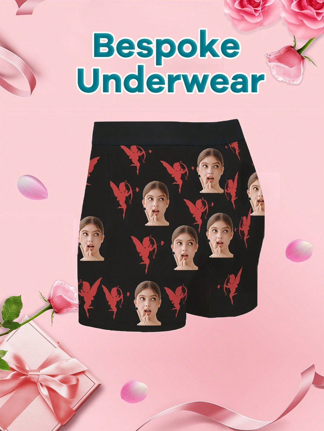 1-Piece Men's Custom Underwear, Printed With Facial Photos, Customized Personalized Men's Boxer Briefs With Face Portraits Personalized Customized For Boyfriend And Husband, Cupid Pattern Love Letter Printed Fashion Boxer Briefs, High Stretch And Comforta