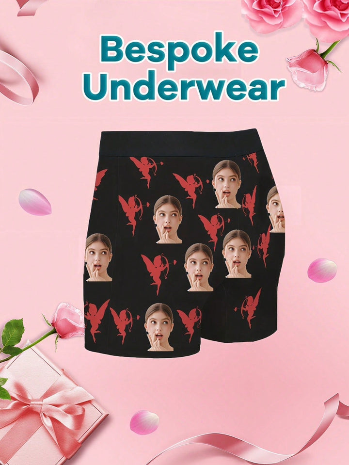 1-Piece Men's Custom Underwear, Printed With Facial Photos, Customized Personalized Men's Boxer Briefs With Face Portraits Personalized Customized For Boyfriend And Husband, Cupid Pattern Love Letter Printed Fashion Boxer Briefs, High Stretch And Comforta