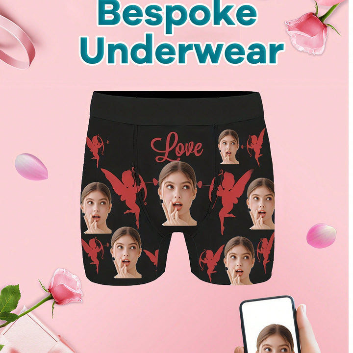 1-Piece Men's Custom Underwear, Printed With Facial Photos, Customized Personalized Men's Boxer Briefs With Face Portraits Personalized Customized For Boyfriend And Husband, Cupid Pattern Love Letter Printed Fashion Boxer Briefs, High Stretch And Comforta