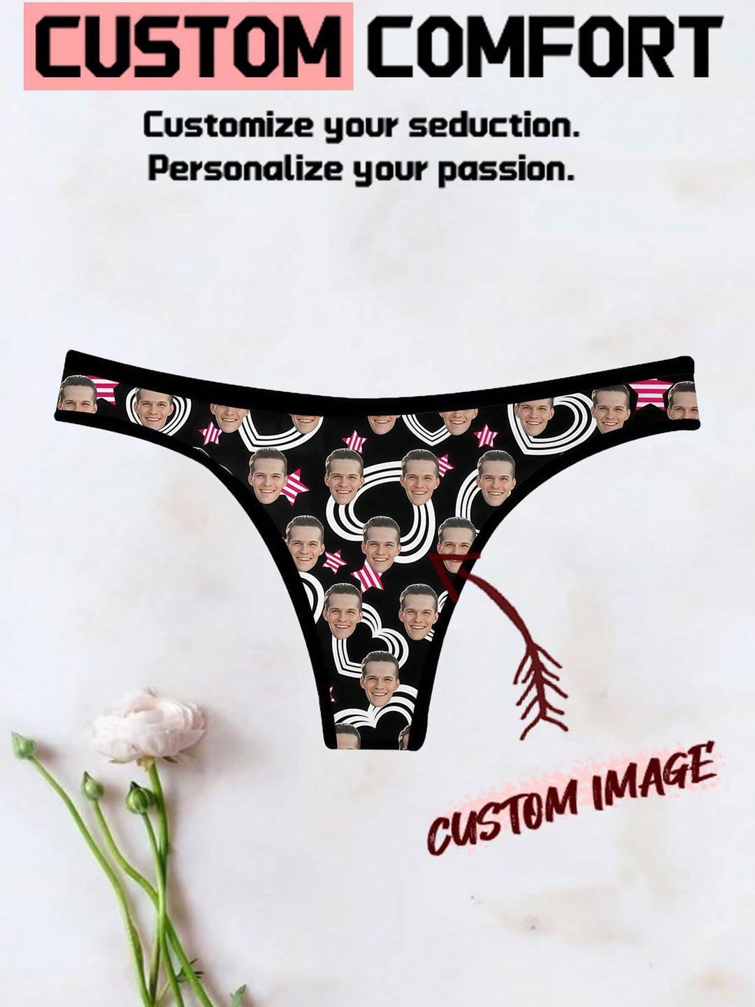 女性用カスタムフェイスTバックパーソナライズ下着、名前入り写真入りカスタマイズパンティー、彼女や奥様へのバレンタインギフト