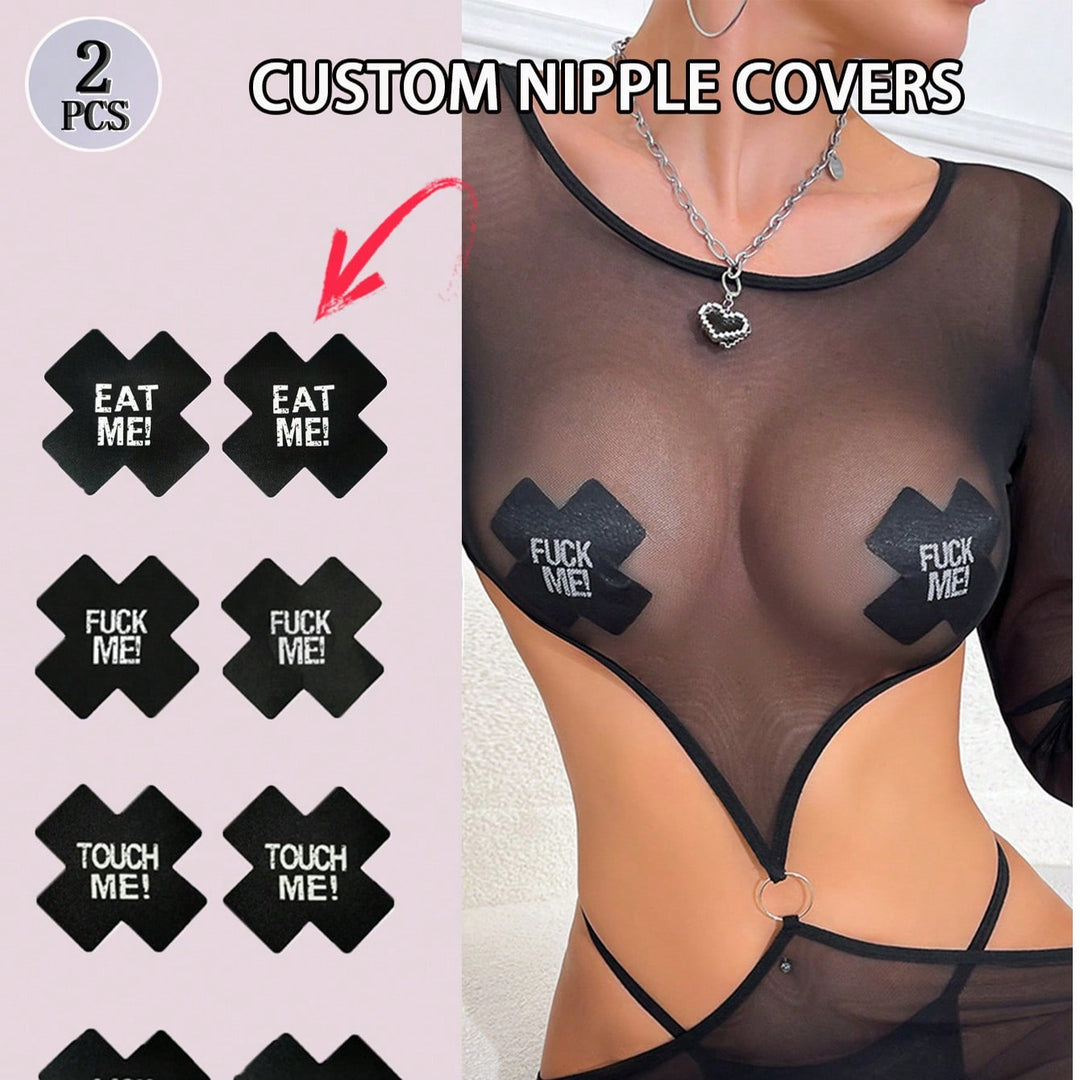 2PCS ブラック クロス型 粘着性 サテン 使い捨て ニップルパッチ カスタマイズ可能なテキスト 名前をカスタマイズ セクシーなニップルパッチ レディース ストラップレス 服に最適