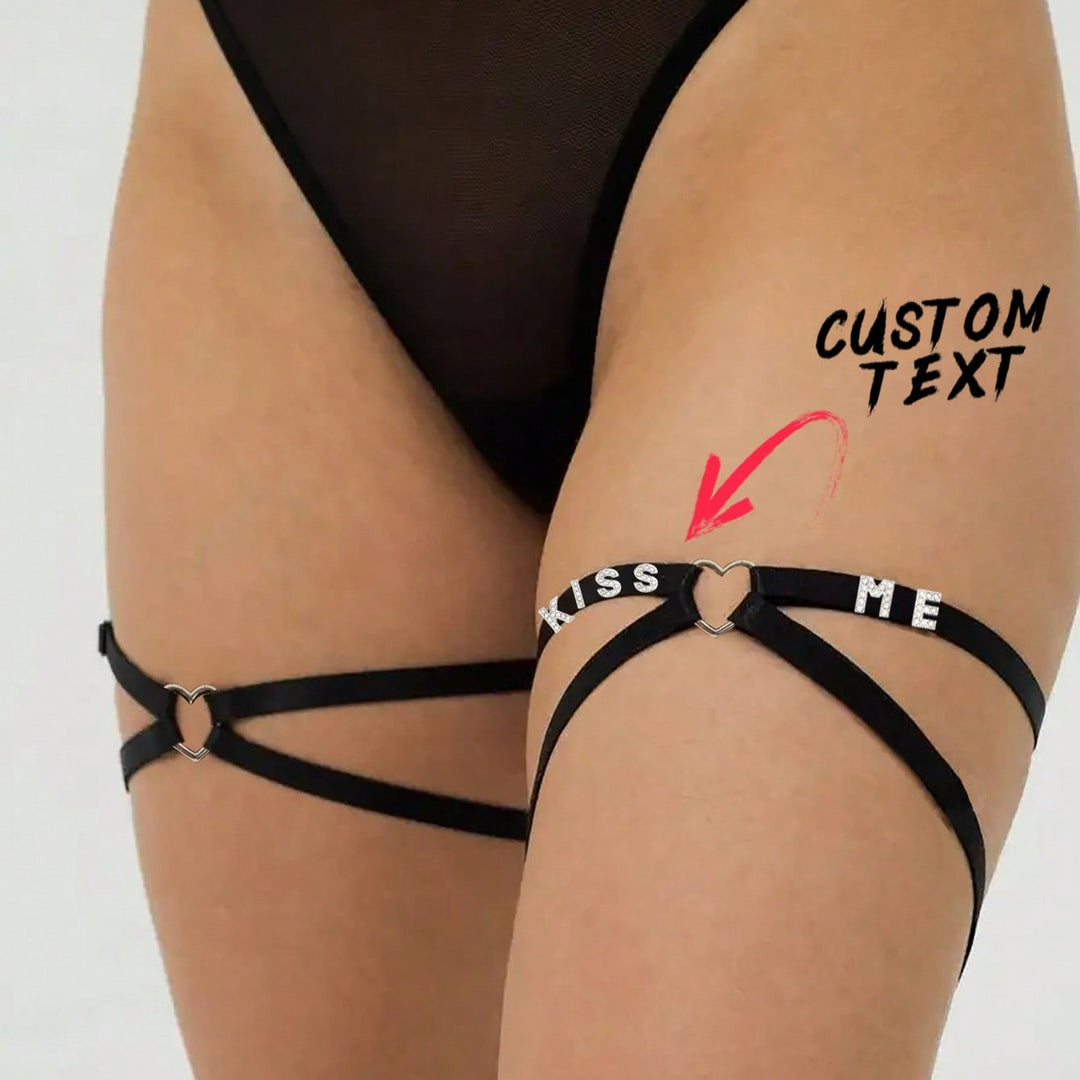 2 PCS Women's Custom Lettering Elastic Thigh Garters, Custom Decorative Leg Loops, Black Adjustable Cross Leg Straps For Fashion Punk Gothic Lolita Leg Loops Halloween