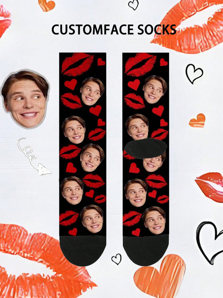 クリスマスカスタマイズフェイスプリントミッドカーフソックス1足、メンズとレディースのカップルソックス、写真でパーソナライズ、面白いカップルソックス、快適で通気性、クリエイティブな漫画デザイン、休日や誕生日に最適、愛らしい、縮れた、面白い、Co