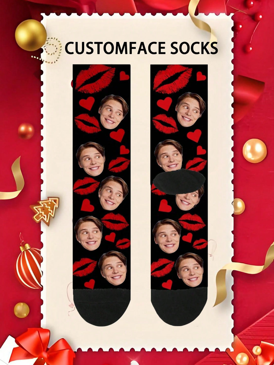 クリスマスカスタマイズフェイスプリントミッドカーフソックス1足、メンズとレディースのカップルソックス、写真でパーソナライズ、面白いカップルソックス、快適で通気性、クリエイティブな漫画デザイン、休日や誕生日に最適、愛らしい、縮れた、面白い、Co