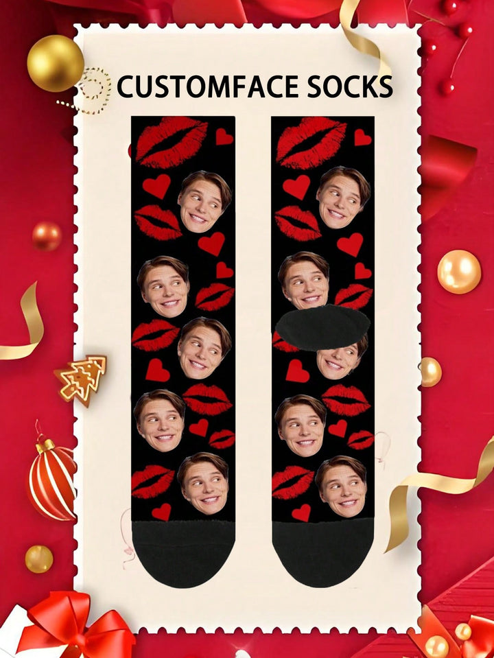 クリスマスカスタマイズフェイスプリントミッドカーフソックス1足、メンズとレディースのカップルソックス、写真でパーソナライズ、面白いカップルソックス、快適で通気性、クリエイティブな漫画デザイン、休日や誕生日に最適、愛らしい、縮れた、面白い、Co