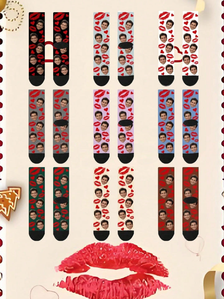 クリスマスカスタマイズフェイスプリントミッドカーフソックス1足、メンズとレディースのカップルソックス、写真でパーソナライズ、面白いカップルソックス、快適で通気性、クリエイティブな漫画デザイン、休日や誕生日に最適、愛らしい、縮れた、面白い、Co