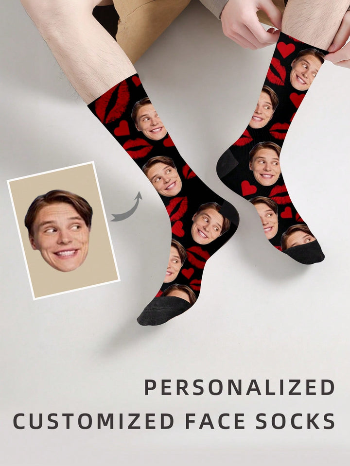クリスマスカスタマイズフェイスプリントミッドカーフソックス1足、メンズとレディースのカップルソックス、写真でパーソナライズ、面白いカップルソックス、快適で通気性、クリエイティブな漫画デザイン、休日や誕生日に最適、愛らしい、縮れた、面白い、Co
