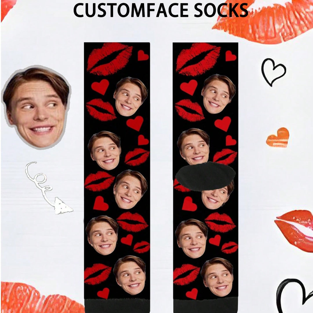クリスマスカスタマイズフェイスプリントミッドカーフソックス1足、メンズとレディースのカップルソックス、写真でパーソナライズ、面白いカップルソックス、快適で通気性、クリエイティブな漫画デザイン、休日や誕生日に最適、愛らしい、縮れた、面白い、Co