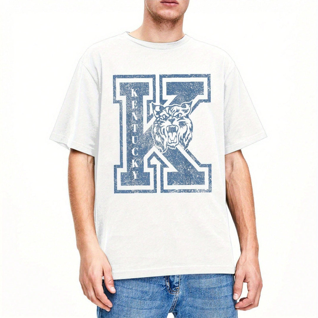 1PCS 100% Cotton Men's Graphic T-Shirt. Retro Wild Cat Personalized T-Shirt. This Round Neck Cotton Short Sleeve T-Shirt Is Suitable For All Seasons