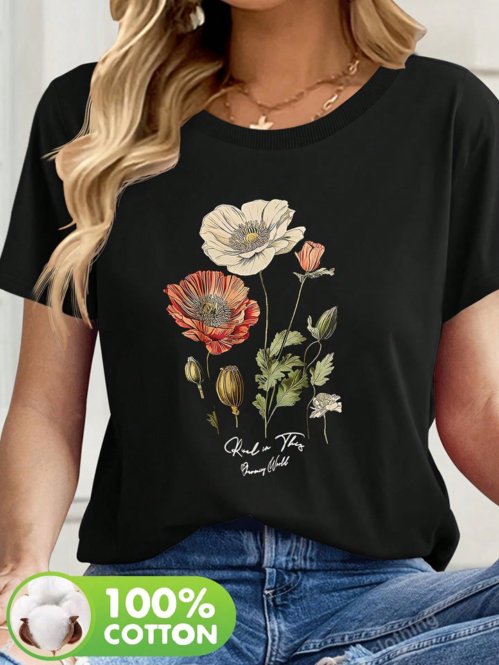 1PCS 100% Cotton Women's Graphic T-Shirt. This T-Shirt Features A Bright Poppy And Leaf Graphic Print. This Round Neck Cotton Short Sleeve T-Shirt Is Perfect For Parties.