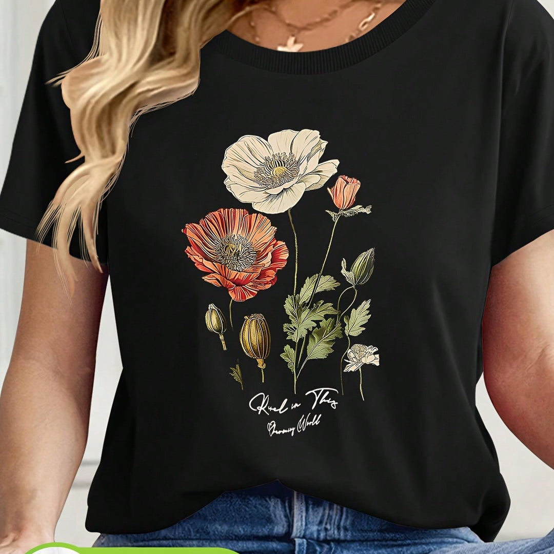1PCS 100% Cotton Women's Graphic T-Shirt. This T-Shirt Features A Bright Poppy And Leaf Graphic Print. This Round Neck Cotton Short Sleeve T-Shirt Is Perfect For Parties.