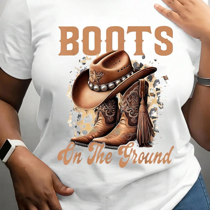 1PCS 100% Cotton Women's Graphic T-Shirt. Cowboy Boots T-Shirt. This Round Neck Cotton Short Sleeve T-Shirt Is Perfect For Traveling.