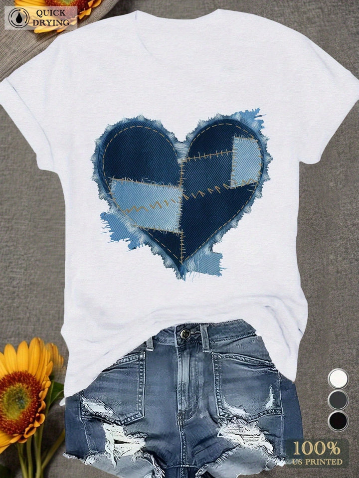 1PCS 100% Cotton Women's Graphic T-Shirt. Heart-Shaped Denim Print Short Sleeves, This Round Neck Cotton Short Sleeve T-Shirt Is Perfect For Outdoor Enthusiasts.