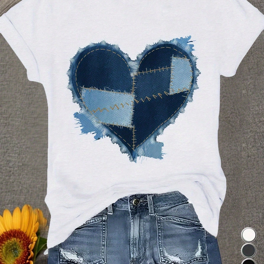 1PCS 100% Cotton Women's Graphic T-Shirt. Heart-Shaped Denim Print Short Sleeves, This Round Neck Cotton Short Sleeve T-Shirt Is Perfect For Outdoor Enthusiasts.
