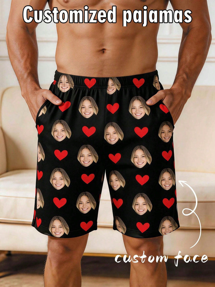 Custom face men's pajama shorts with red heart print and side pockets, personalized photo sleep shorts