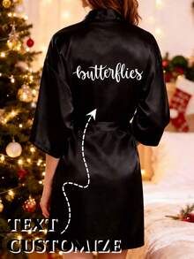 Black personalized satin robe, custom text print on back for women gift