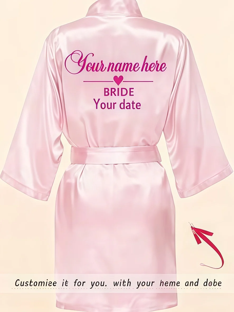 Customizable pink satin bride robe with personalized name and wedding date text