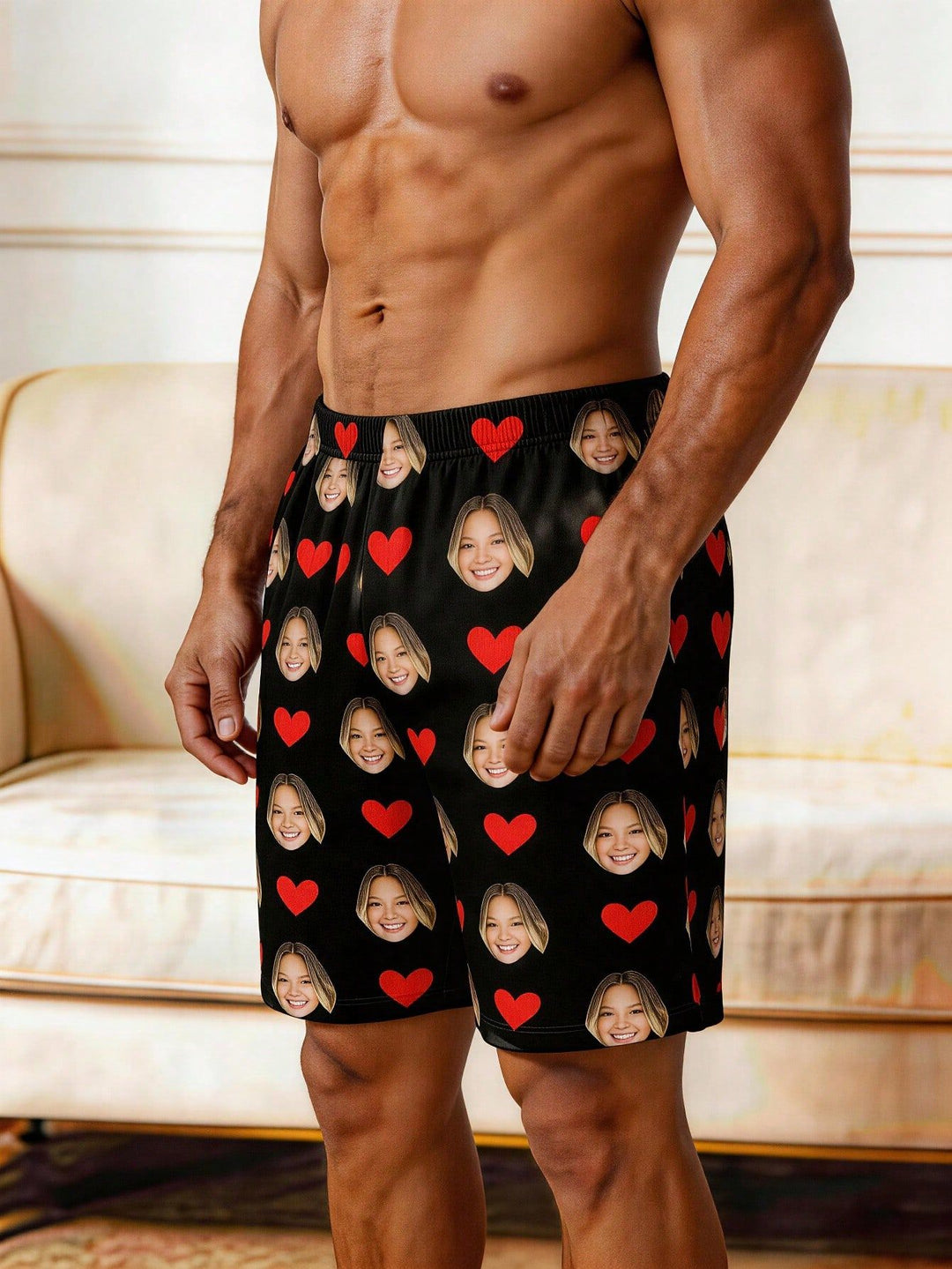 Side view of personalized photo men's lounge shorts with heart pattern and custom face print