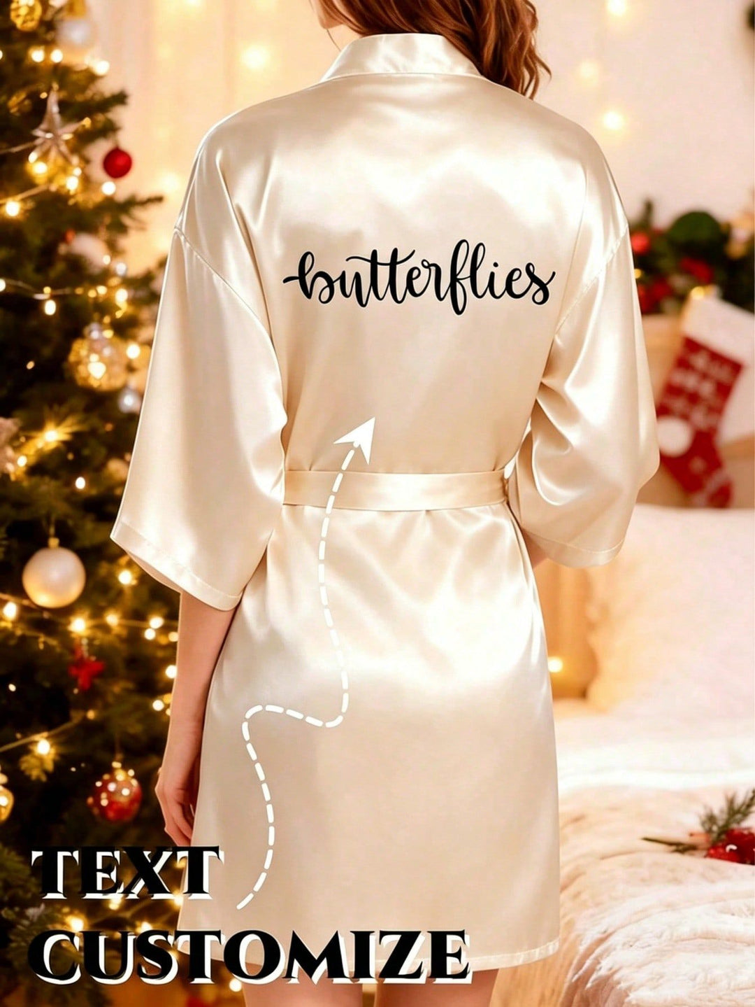 Beige satin kimono robe back view, custom personalized text print for women gift