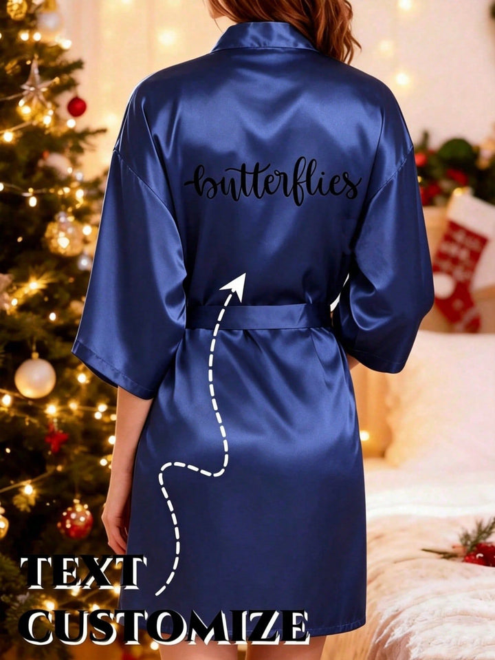 Navy blue satin kimono robe back view, personalized custom text print for women gift