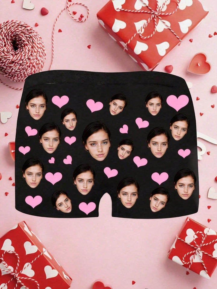 Black personalized photo‑face men boxers Valentine gift, image upload guide graphic