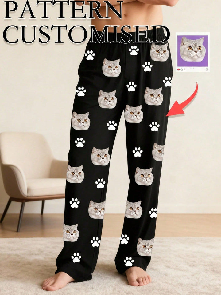 Custom cat face print men pajama pants, personalized upload pet photo loungewear gift for cat lovers